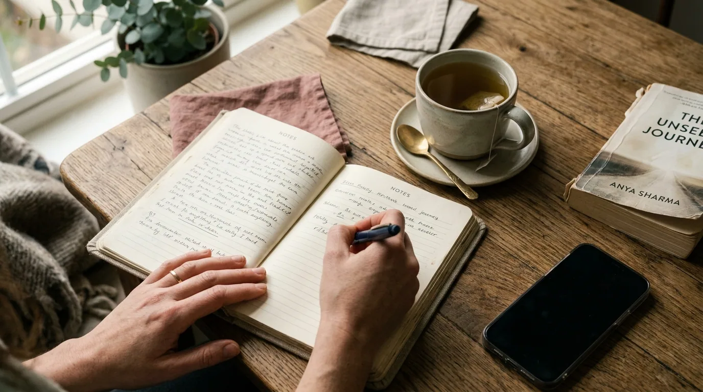 Overhead view of two hands writing in a journal beside tea and a phone face-down
