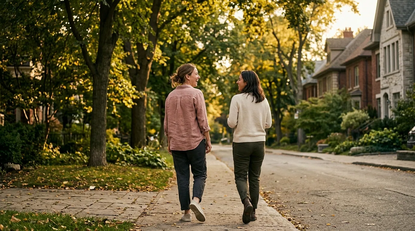 Two people walking together through a leafy neighborhood at golden hour