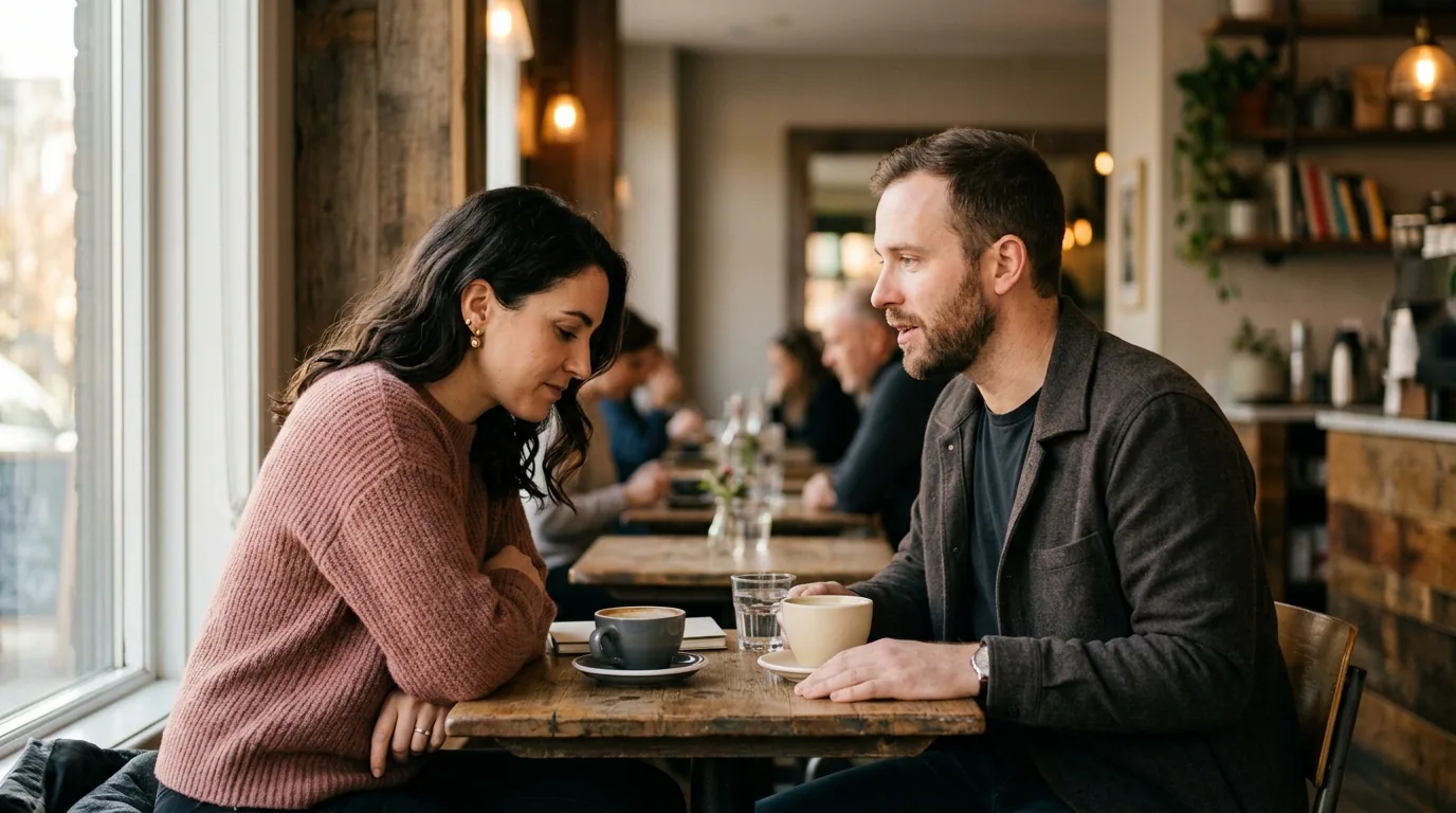 Two people talking across a small coffee-shop table