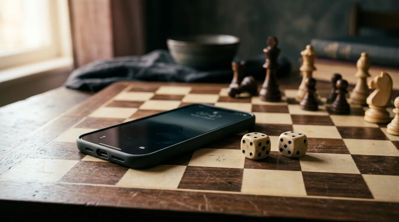 A smartphone lying on a chess board beside a pair of dice, moody editorial still life