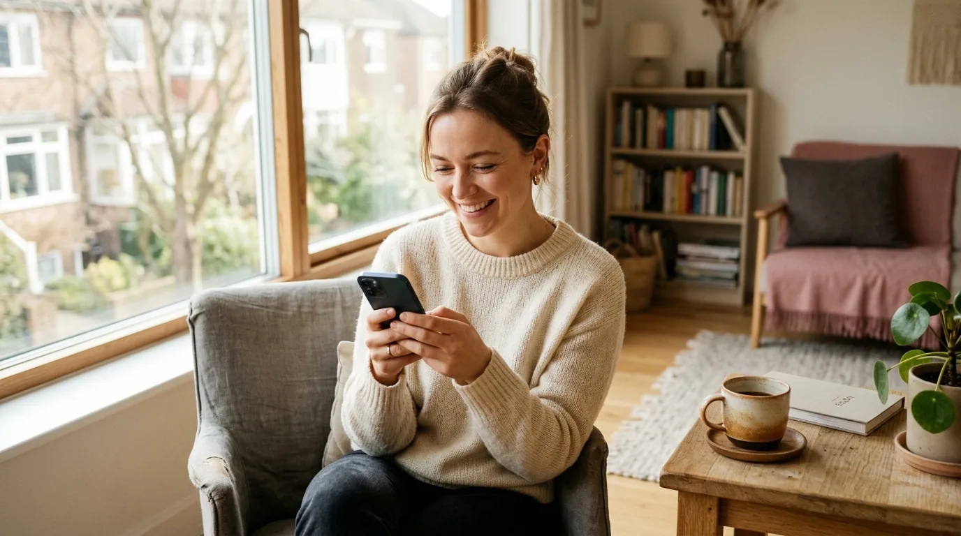A person smiling gently while reading a message on a smartphone by a bright window