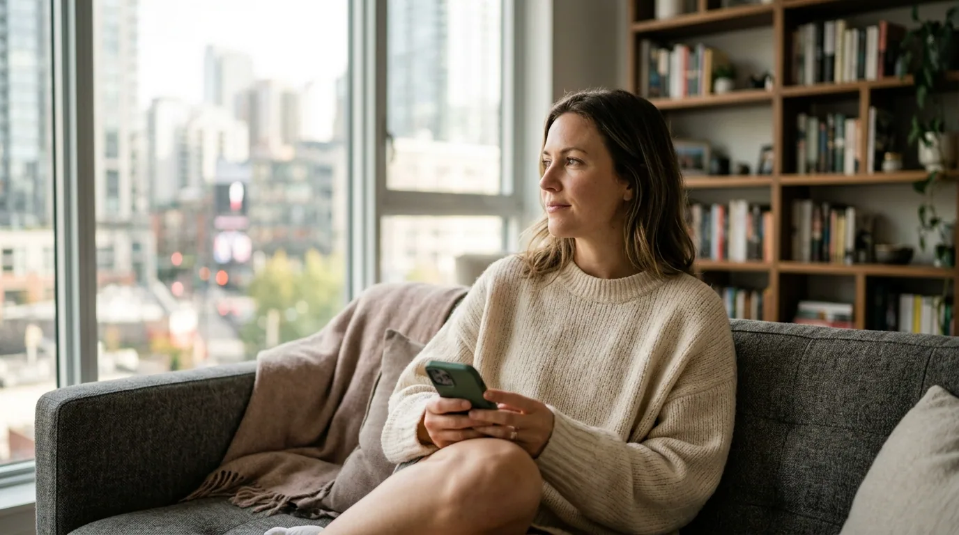 A woman on a sofa in a modern apartment reading a message on her phone