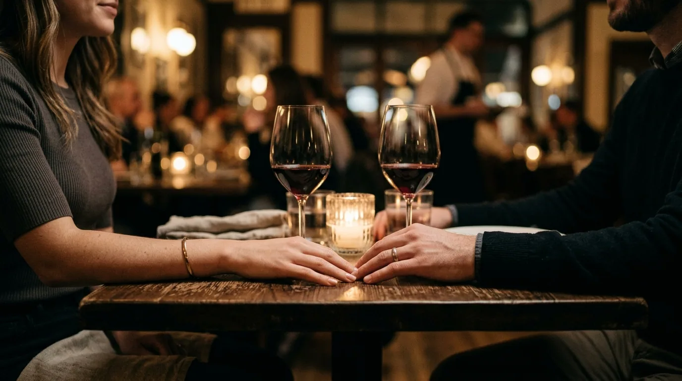 Two hands almost touching across a candlelit bistro table with wine glasses
