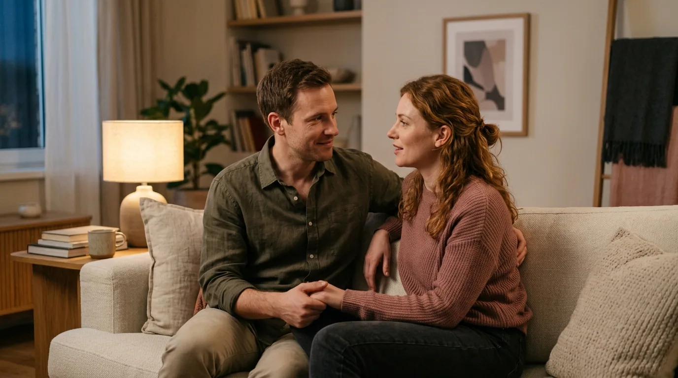 A couple sitting on a couch talking face to face, holding hands, warm lamp light