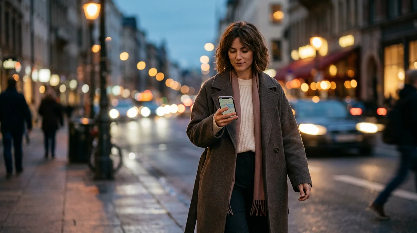 A person walking confidently along a well-lit city street at dusk with phone in hand