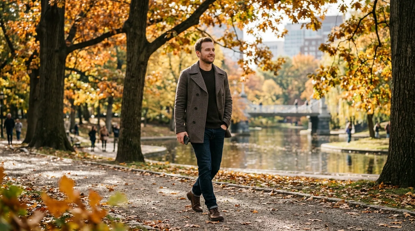 A man walking through a leafy urban park in autumn