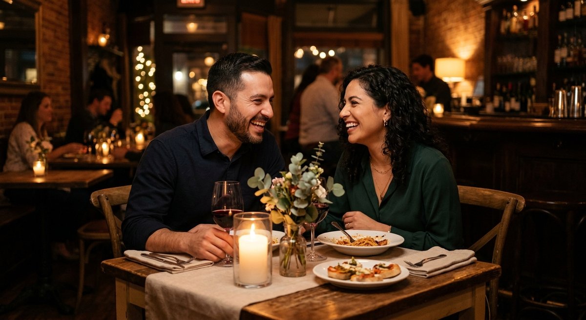 Two people laughing during a first date
